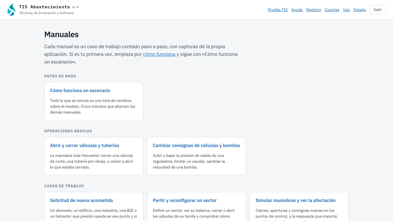 TIS Abastecimiento, manuales por caso de trabajo: Válvulas, consignas, nueva acometida, sectores, maniobras y elementos nuevos. En español y dentro de la aplicación.